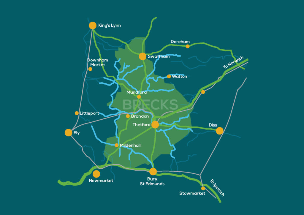 Map showing the Brecks, its roads and its rivers – which snake across it