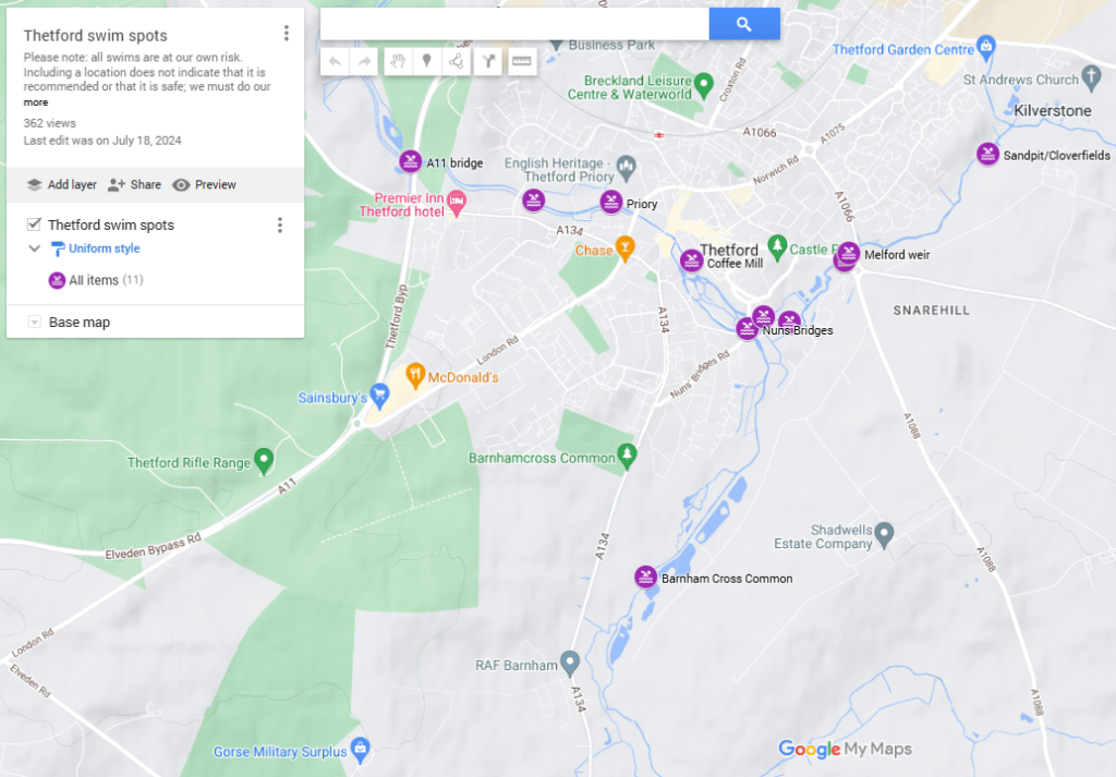 Screenshot of Google map with swim spots marked