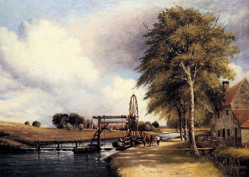 painting of a staunch with a horse next to it and a cottage, small church in the distance