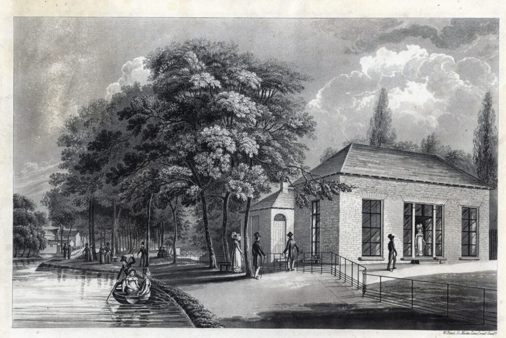 Thetford spa building with boat on river