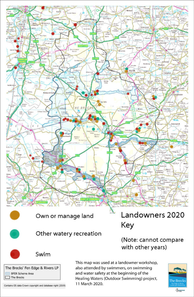 Different coloured spots on the map of Brecks showing landowner and recreation activities with key