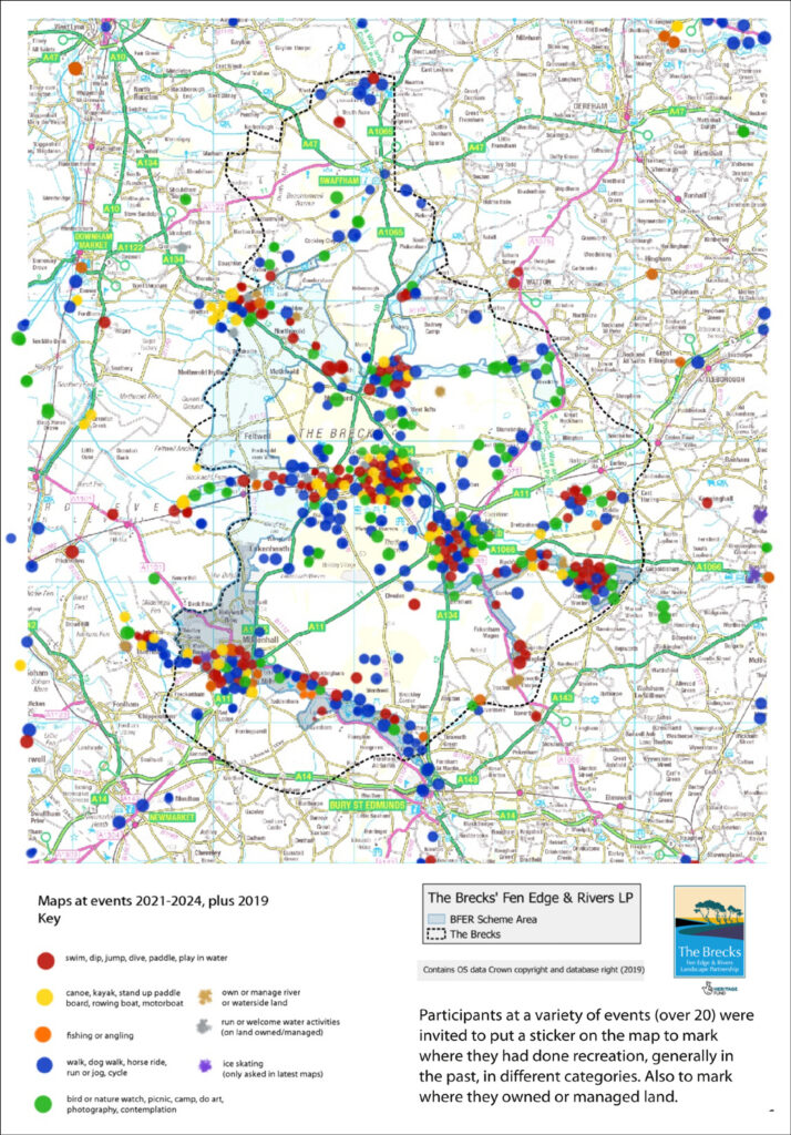 Different coloured spots on the map of Brecks showing different recreation activities with key