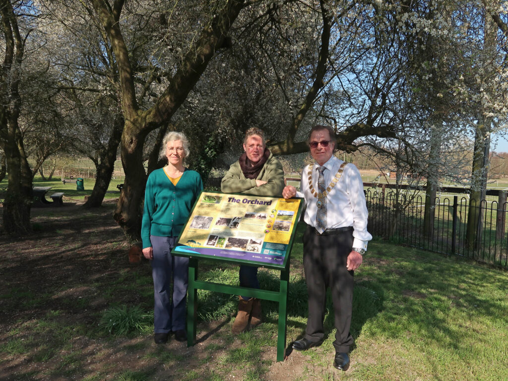 Imogen Radford, Ali Barnes, Councillor Phil Wittam, Mayor with chain, standing behind the newly installed panel, large trees and plum blossom behind