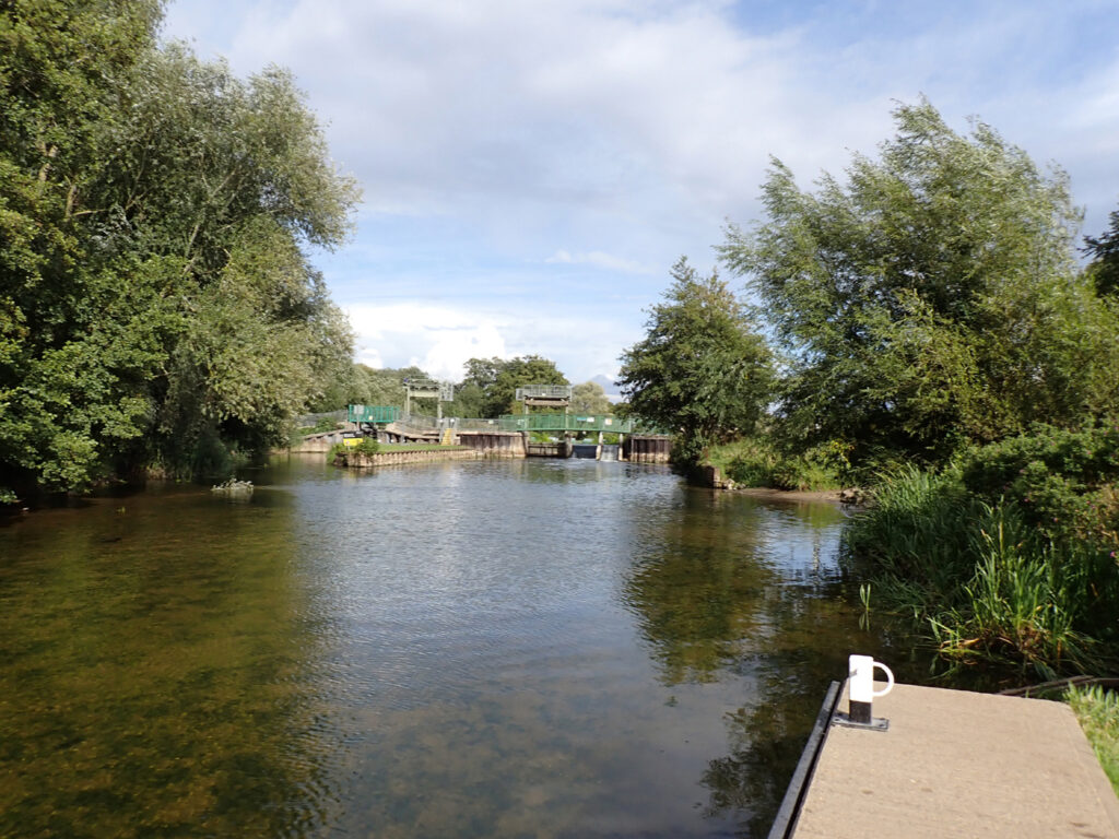 Shallow river looking up towards staunch with green vegetation