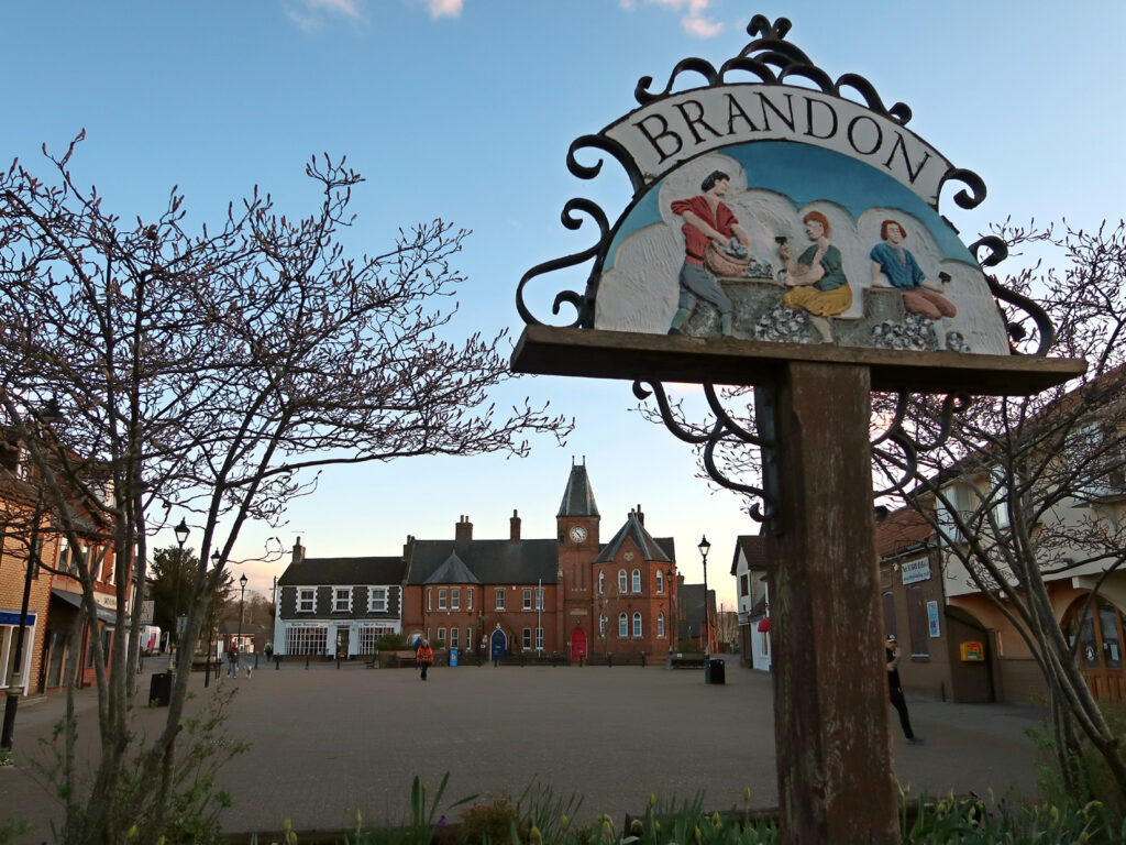 Brandon’s town sign and town hall and Market Hill