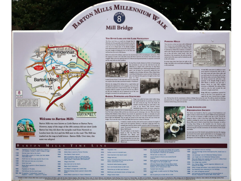 Barton Mills display panel, Mill Bridge, with old photos and text and a map, see link to display panels