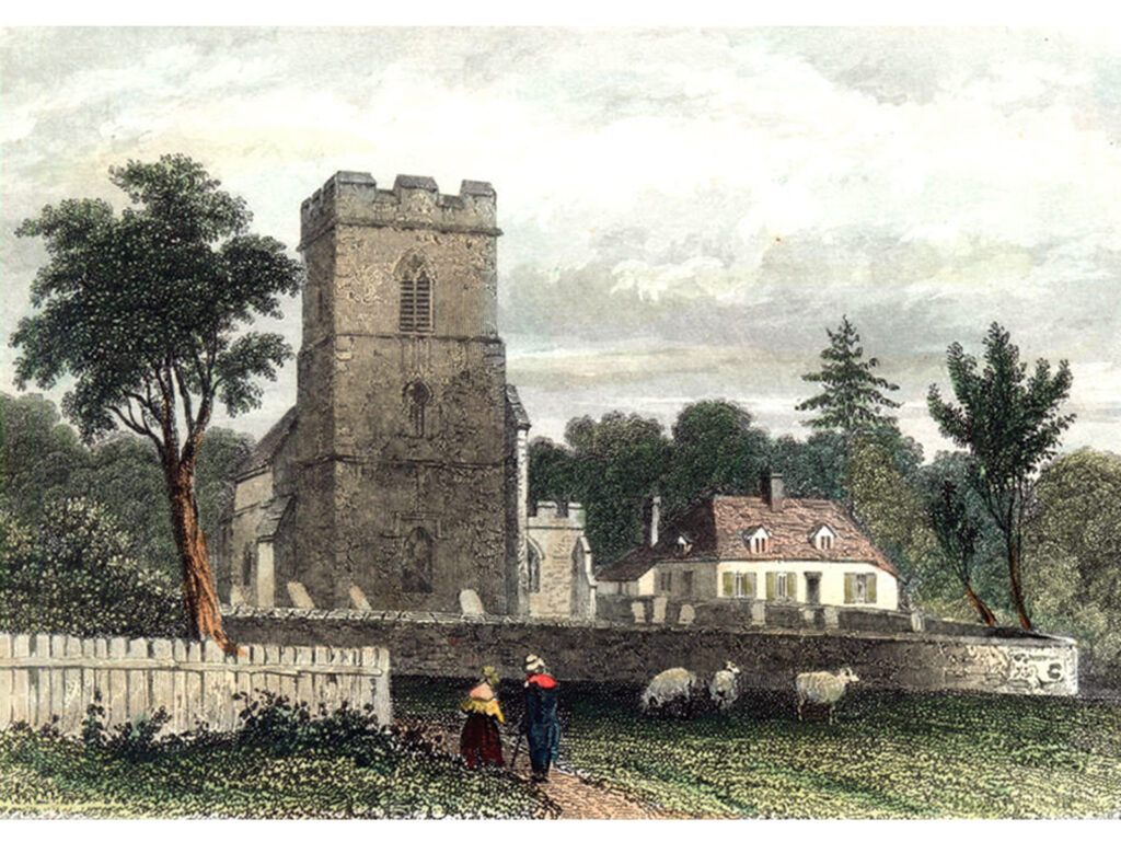 Painting of Honington church and a house – Robert Bloomfield’s birthplace, 19th-century people in old-fashioned clothes and some sheep