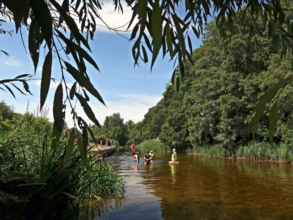 small group in the water with volunteers (and lifeguard behind foliage), with other river users on paddle boards, fishing and playing