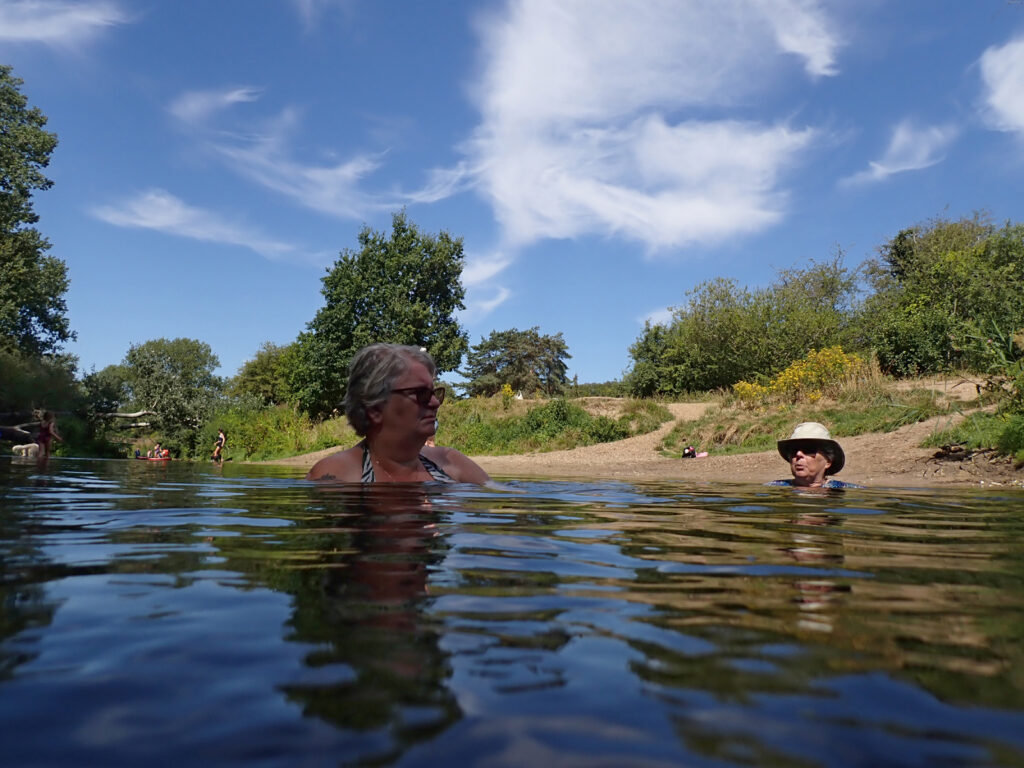 swimmers in river with beach and trees behind